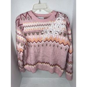 Alfred Dunner Petite Pink Fair Isle Floral Embroidered Beaded Sweater PL Womens